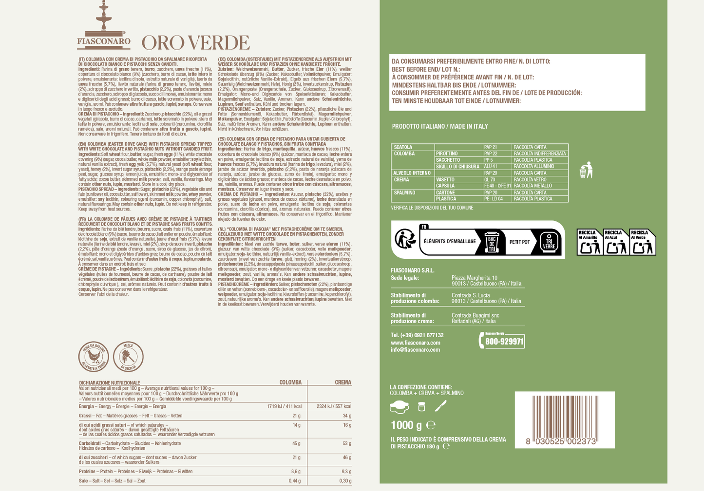 COLOMBA ORO VERDE - Pasqua Fiasconaro 1KG