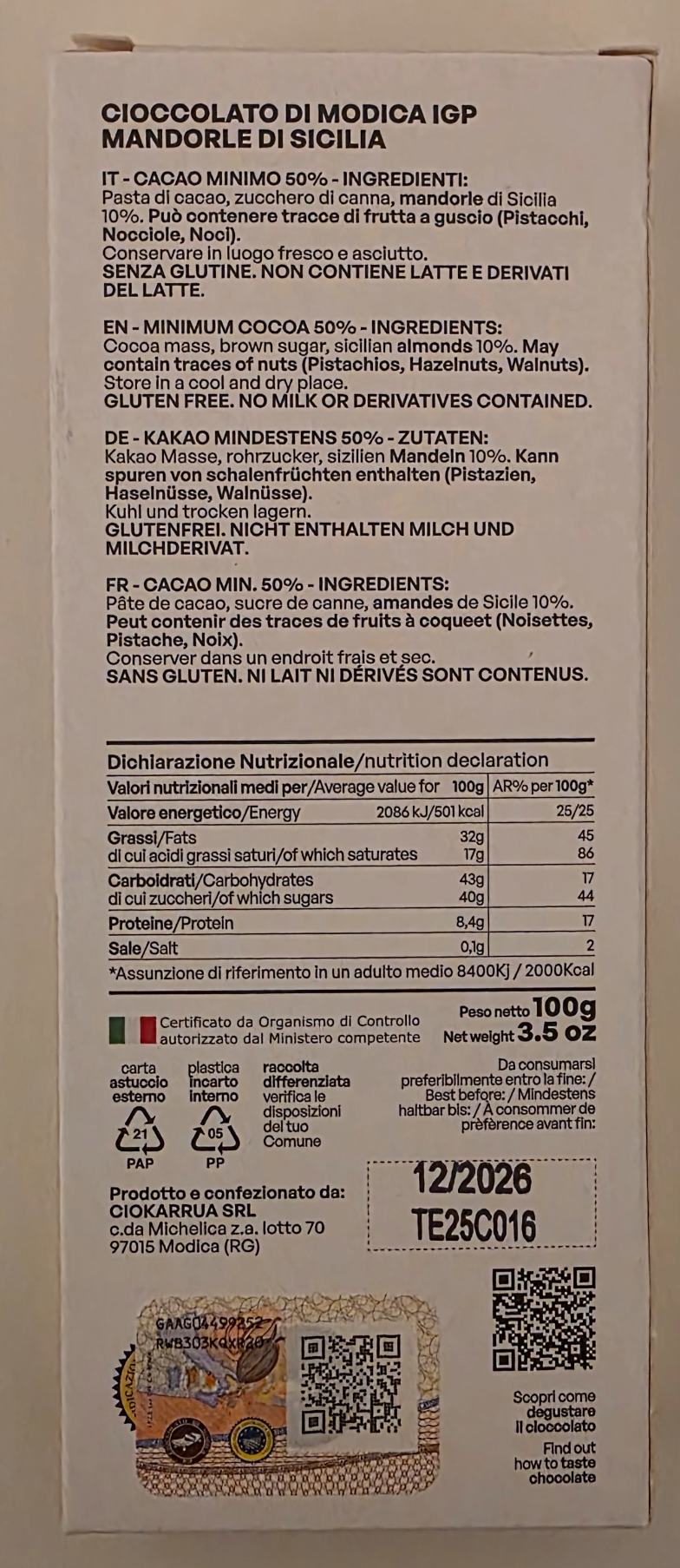 Cioccolato di Modica IGP con Mandorle di Sicilia