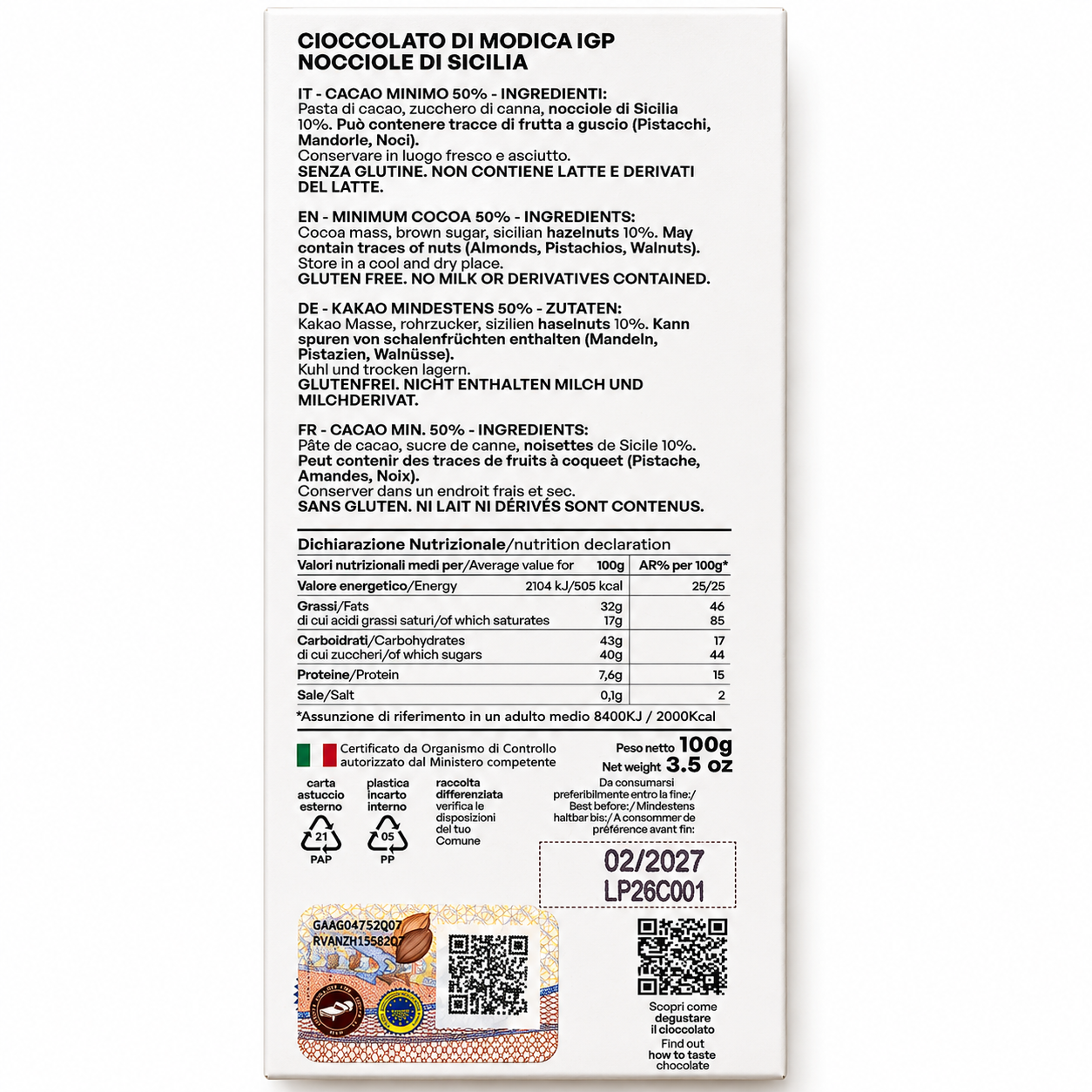 Cioccolato di Modica IGP Ciokarrua - Nocciole di Sicilia - 100g