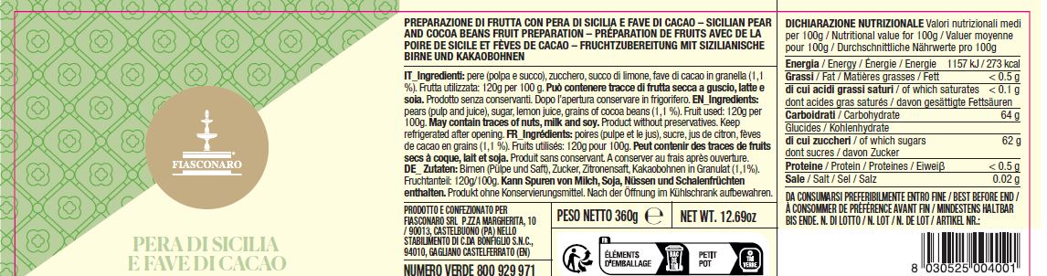 Pera di Sicilia e Fave di Cacao/ Preparazione di frutta 360 g - Fiasconaro
