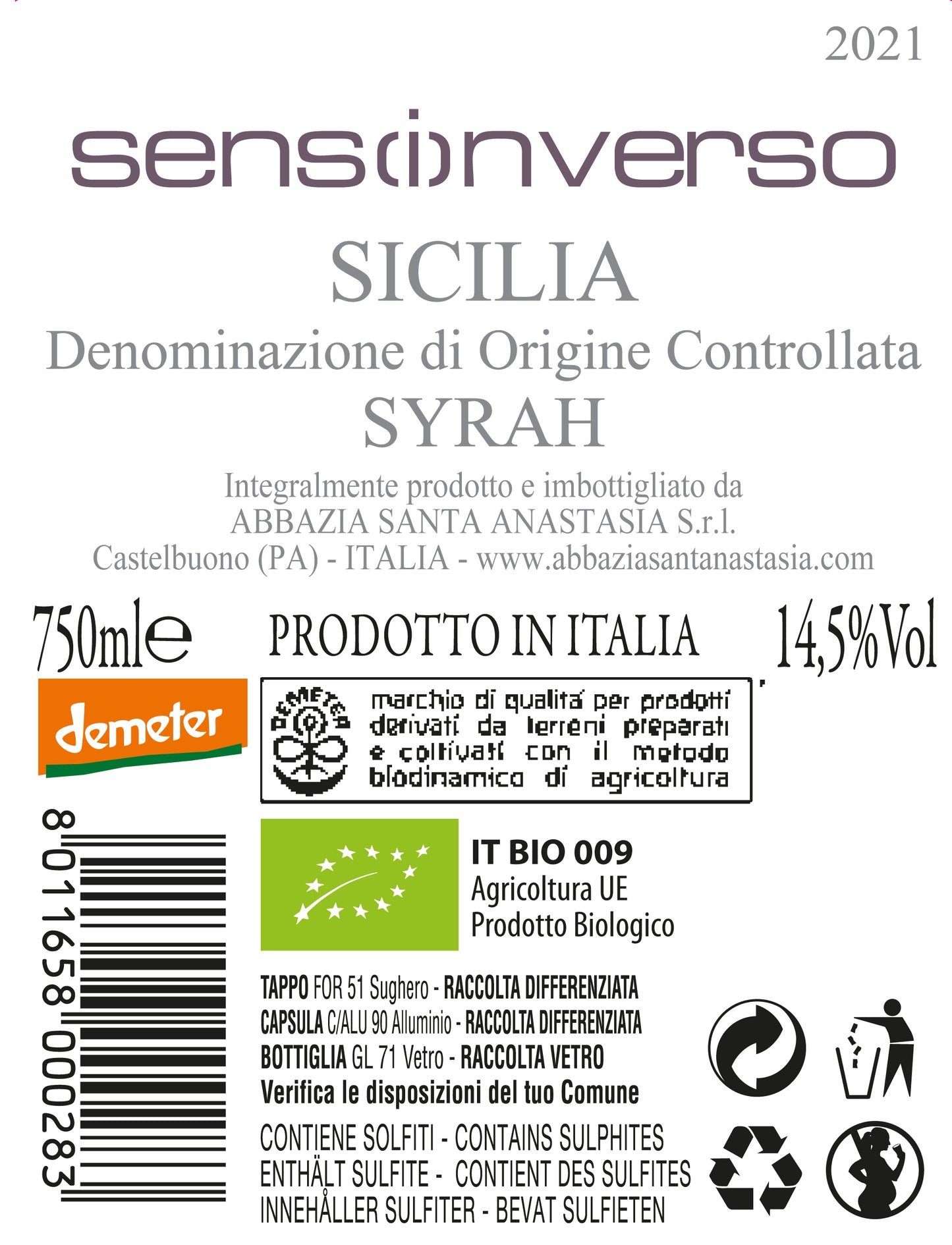 Sens(i)nverso Syrah Biodinamico Demeter 2021 - Rosso DOC Sicilia