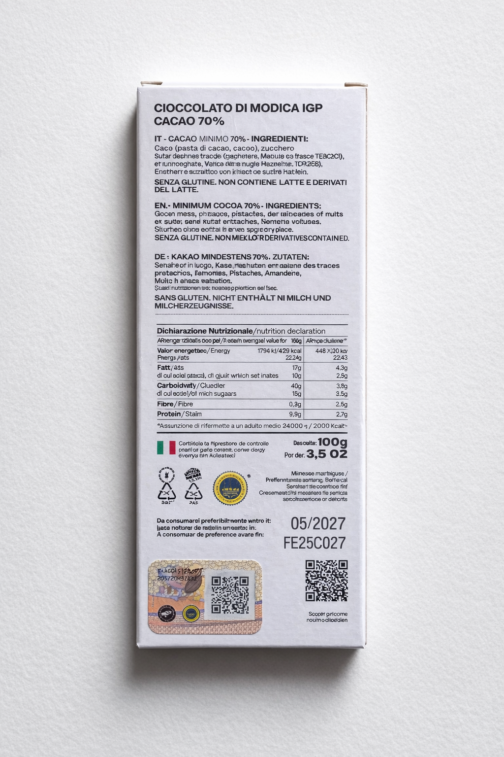 Cioccolato di Modica IGP Ciokarrua - Cacao 70% - 100g