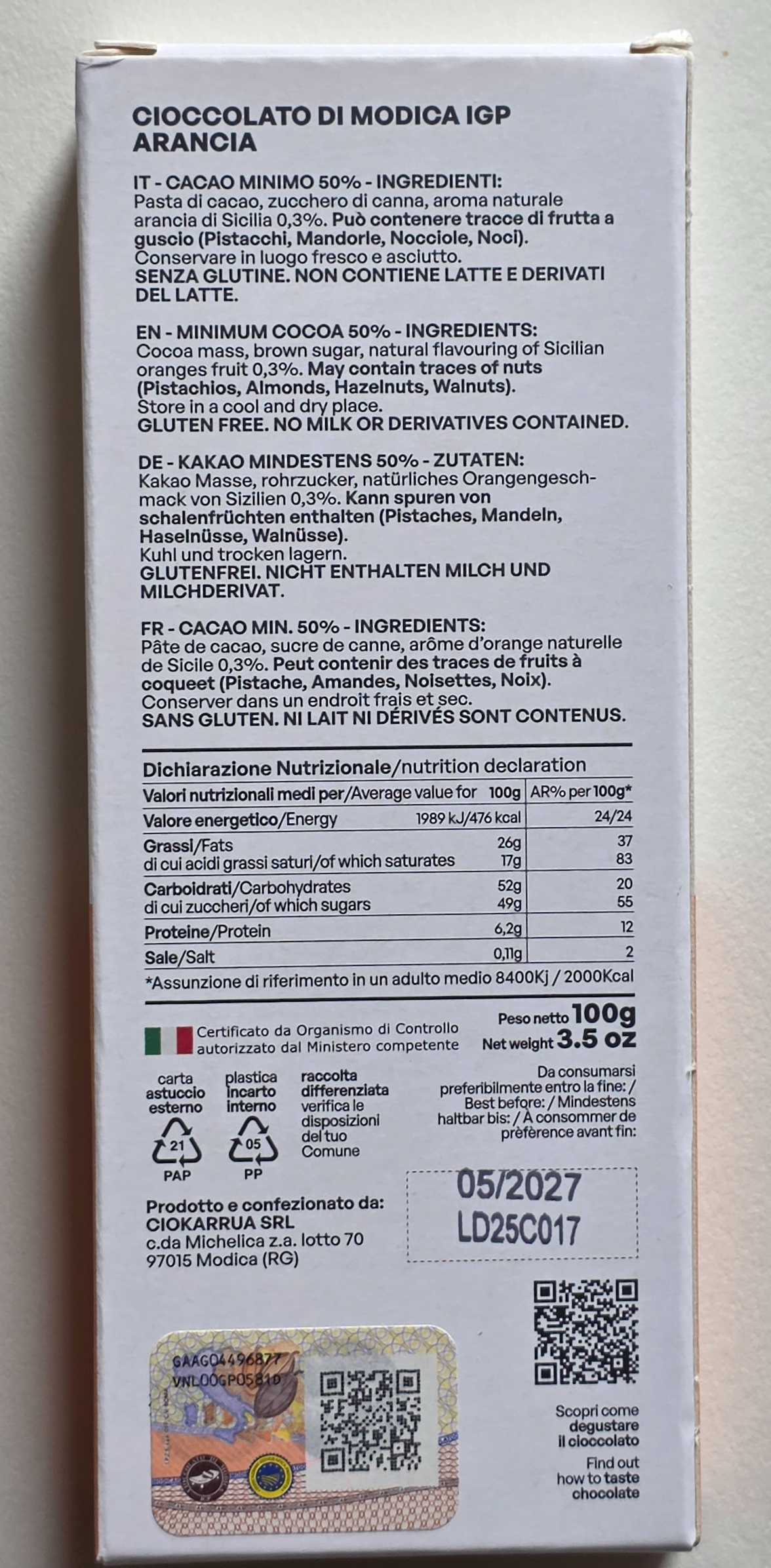 Cioccolato di Modica alla Arancia - 100g