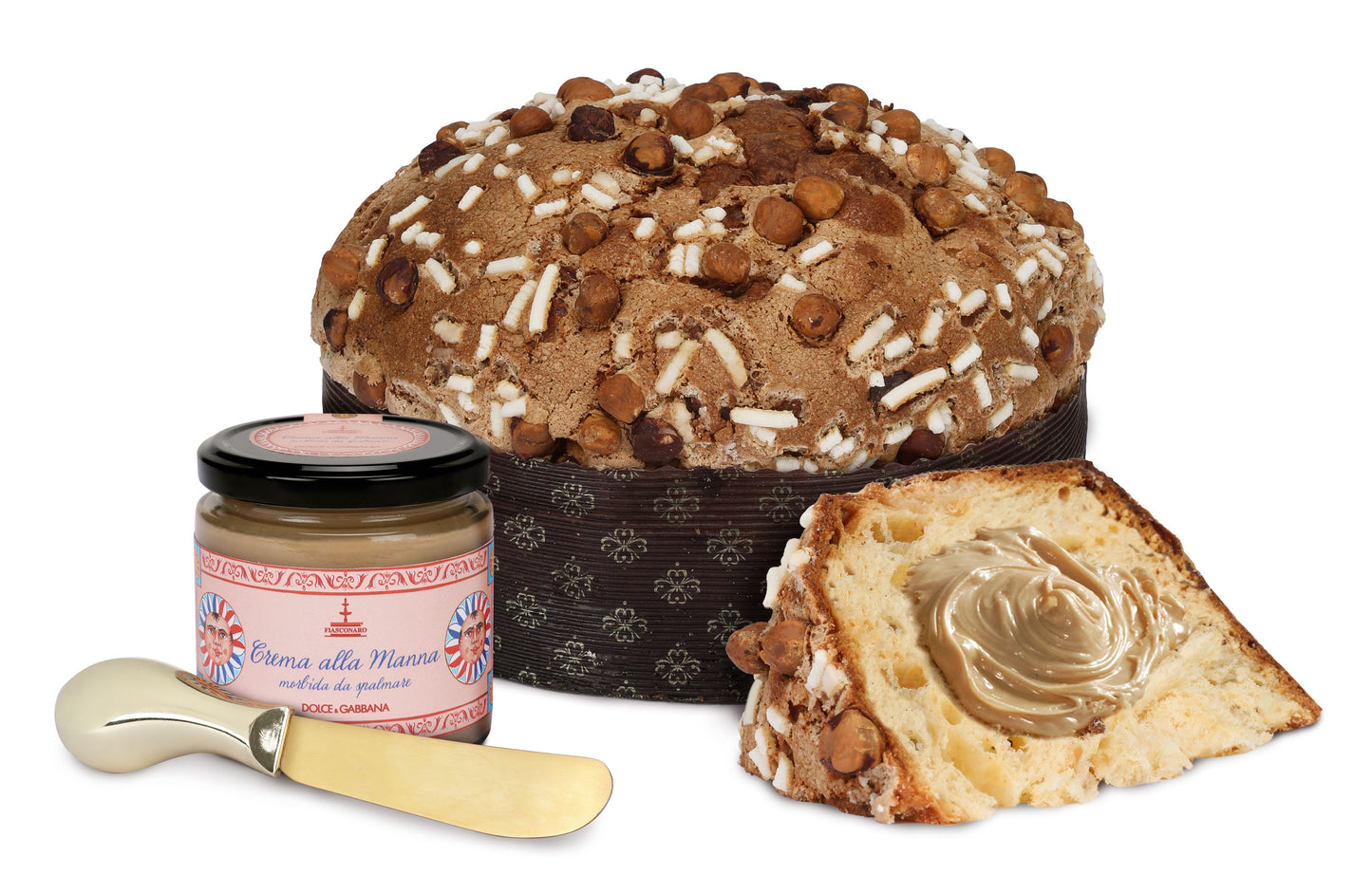 IL PANETTONE DOLCE & GABBANA ALLE NOCCIOLE DI SICILIA CON CREMA ALLA MANNA MORBIDA DA SPALMARE - Fiasconaro